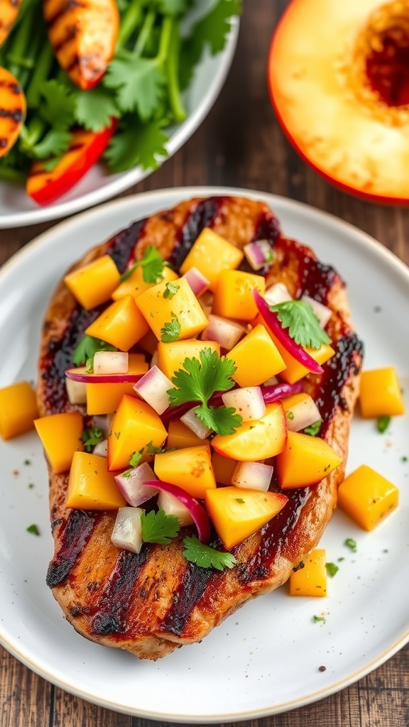 Grilled pork chop with peach salsa on a wooden table, garnished with fresh herbs.